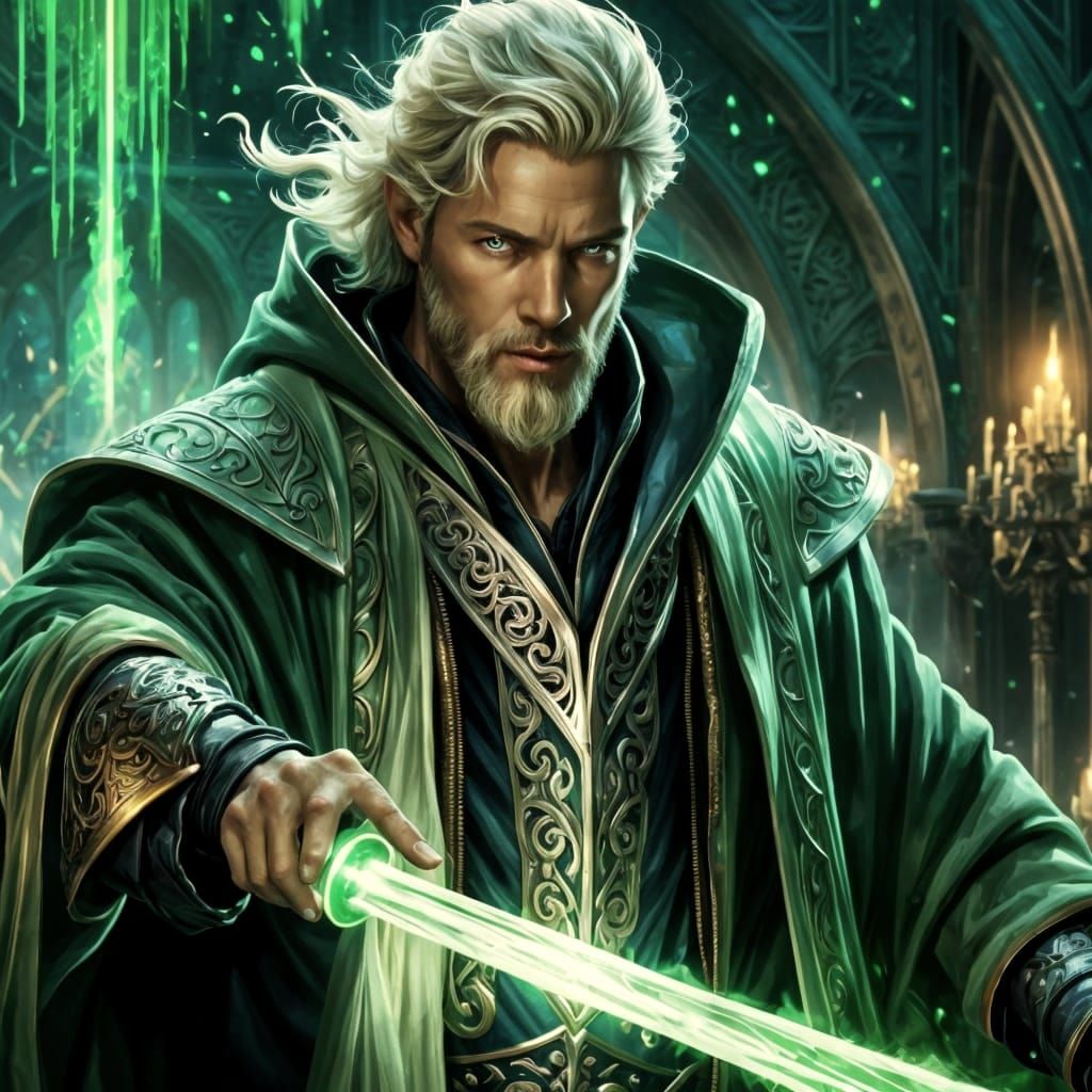 Sorcerer Casting a Green Spell in Digital Art