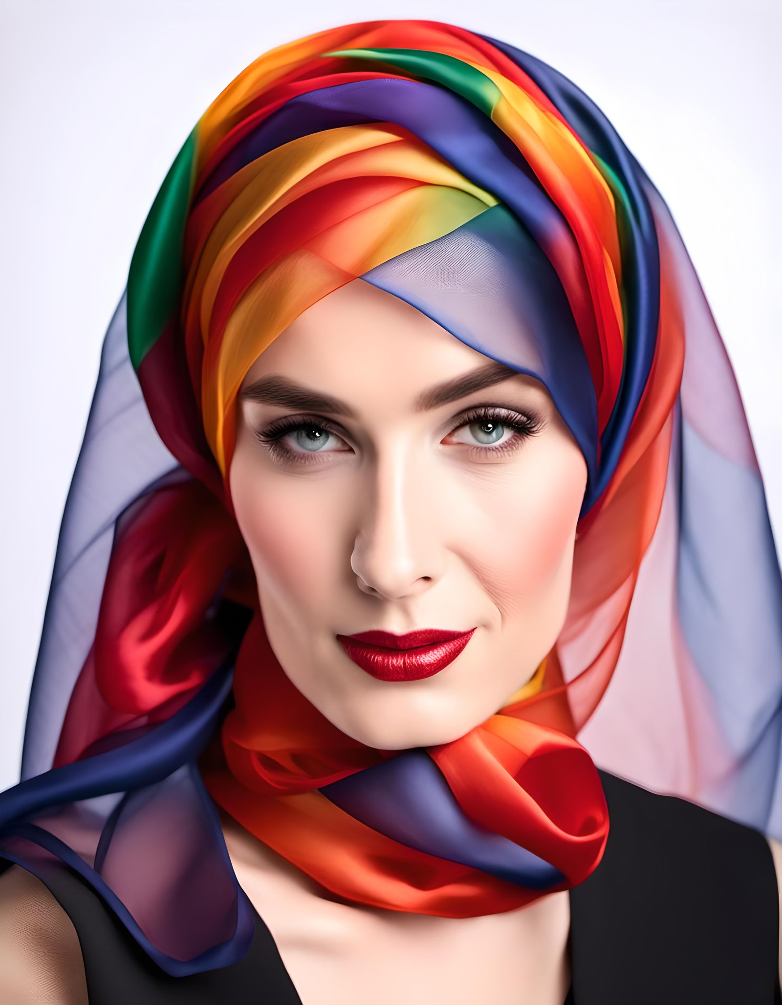 Tall Mature Statuesque Elegant Glamorous Lady Intense Rainbow Red Orange Yellow Green Blue Indigo Violet Headscarf Heads...