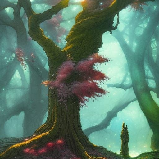 Mystical Cherry Blossom Tree in Watercolor Art