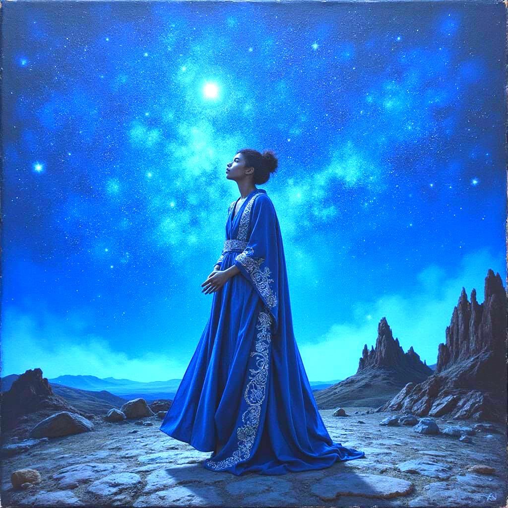 Mystical Figure in Starlit Landscape