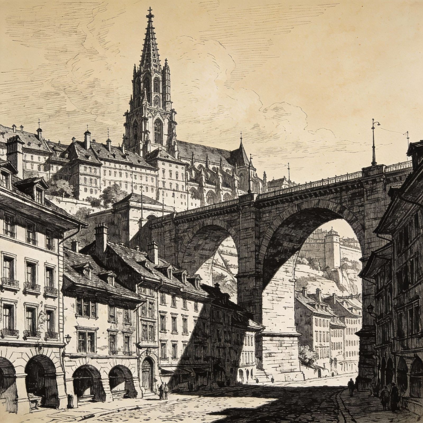 Bern City Architectural Sketch in Black Ink