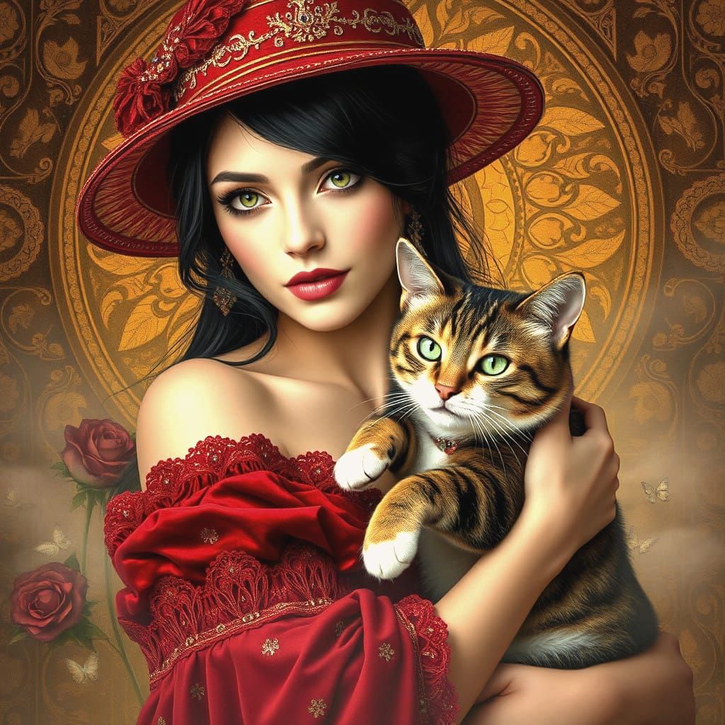 Woman in Ornate Gustav Klimt Style with Red Velvet Dress and...