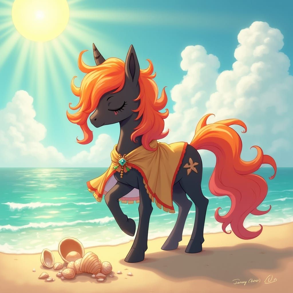 Fiery Earth Pony Collecting Seashells in Dreamy Style
