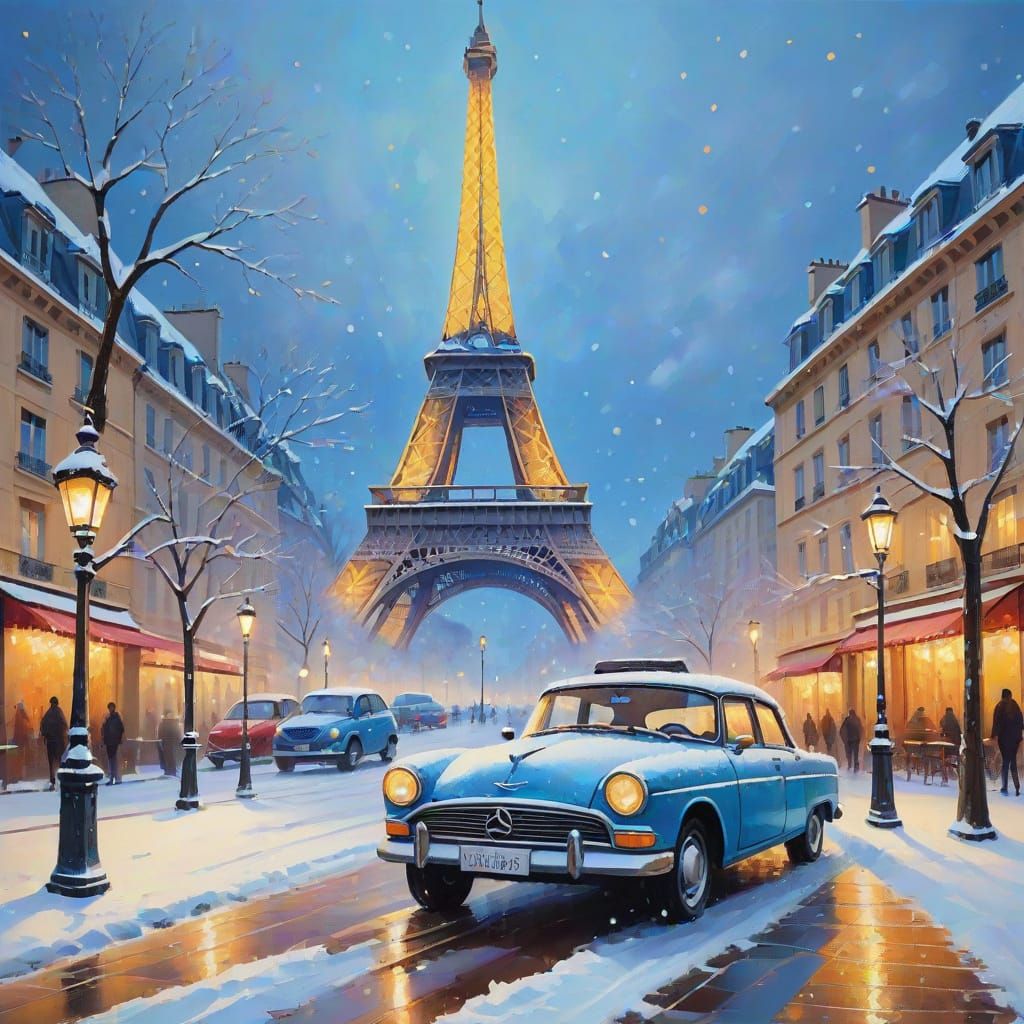 Eiffel Tower City Square in Winter Oil Painting