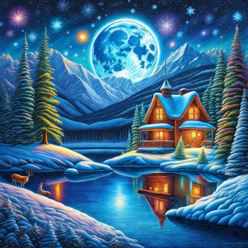 Frozen Lake Bonfire: Winter Scene in Colored Pencil Style