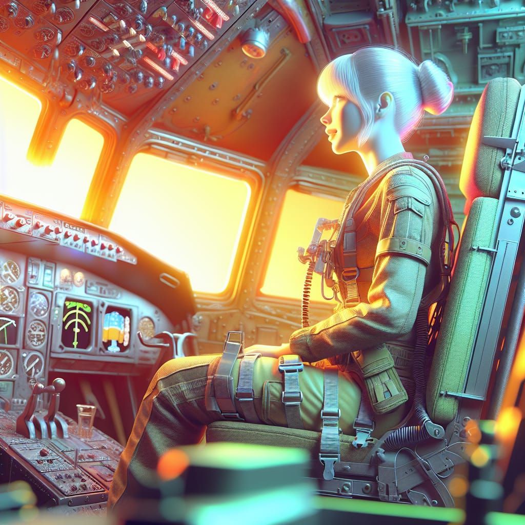 Vintage-Style Airplane Cockpit Scene with a Woman in a Uniqu...