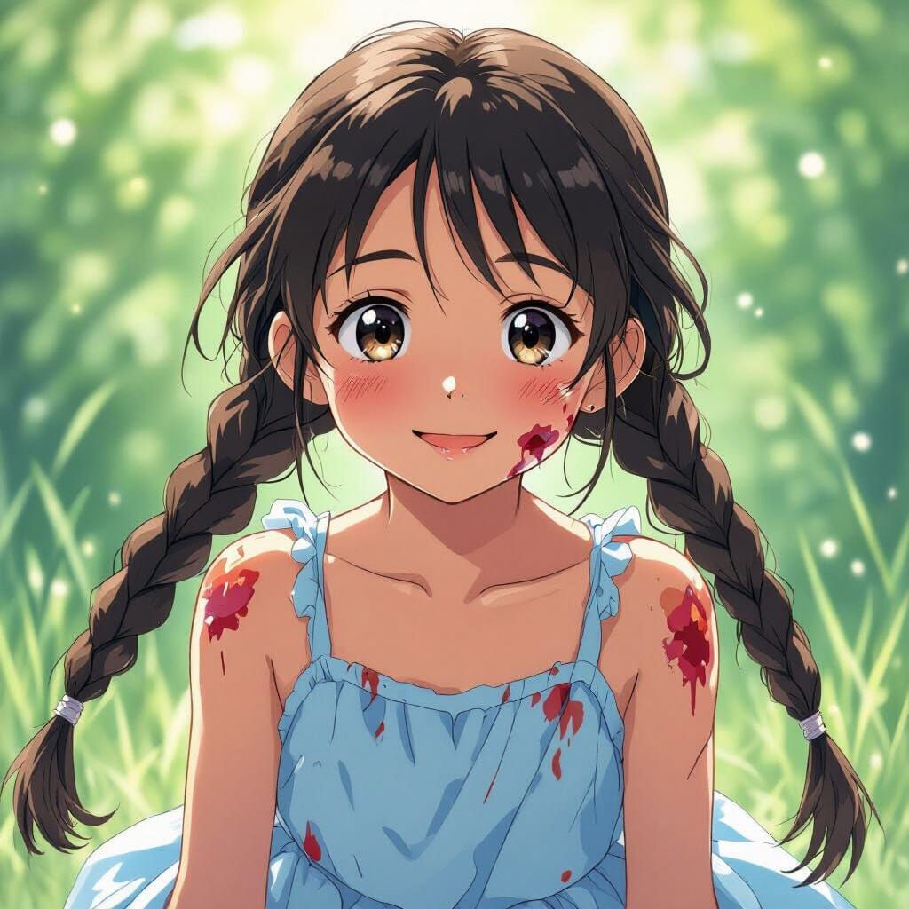 Anime Girl in Shiny Blue Dress, Brave Smile