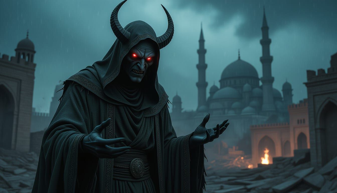 Demonic Shaitan Figure in Ancient Islamic Cityscape