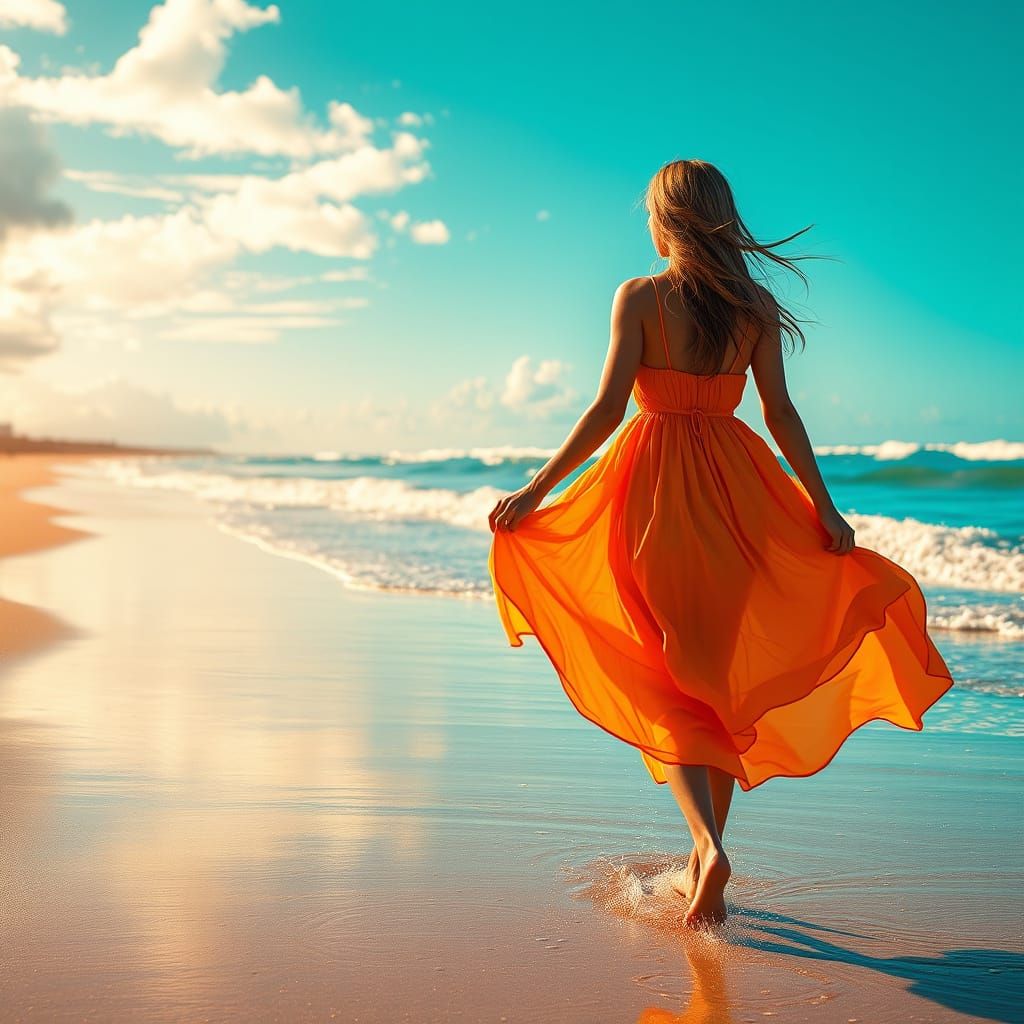 Vibrant Beach Scene in Orange and Teal Colors