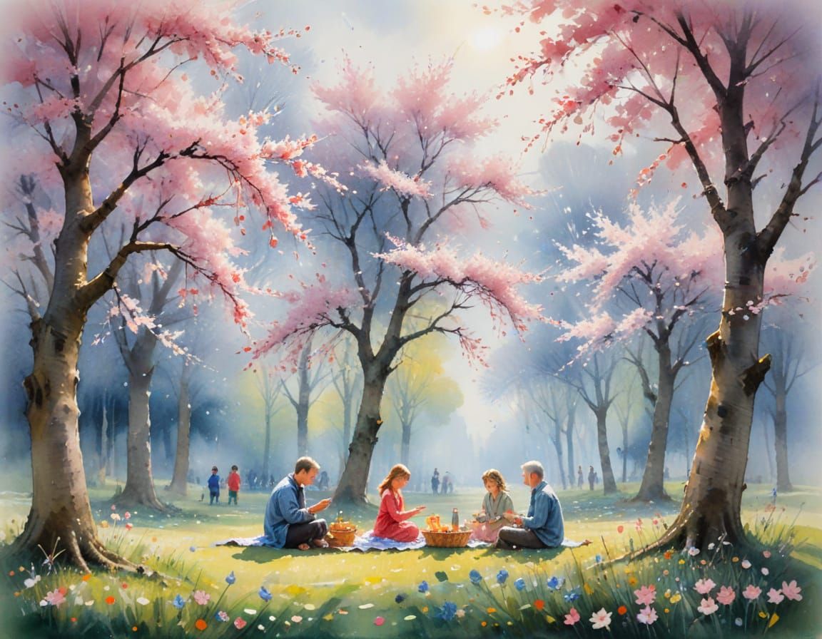 Cherry-Blossom Sprites Picnic in Watercolor Glade