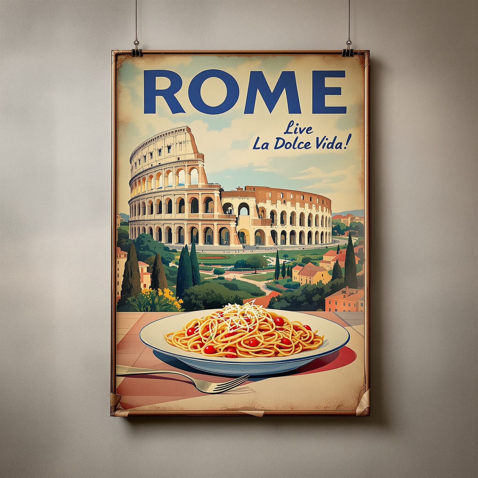 A worn travel poster from 1952 advertising Rome, Italy, depi...