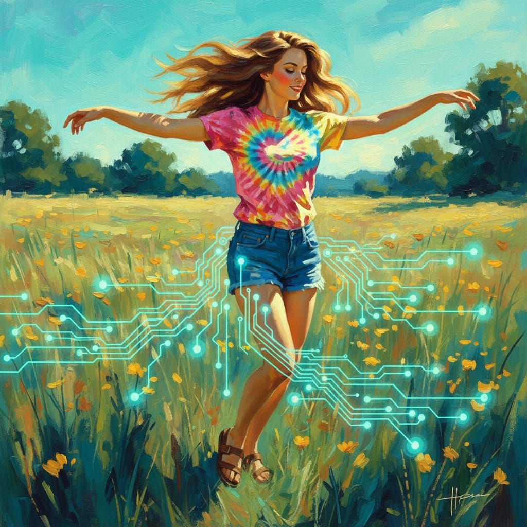 Woman Dancing in Meadow with Digital Accents