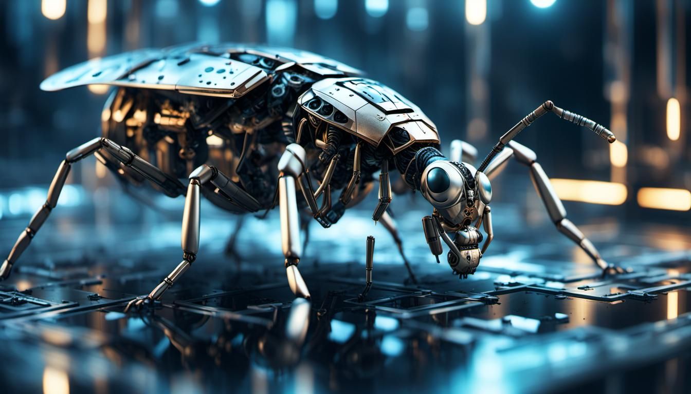 Metallic Robotic Insect in Abandoned Lab: Digital Art