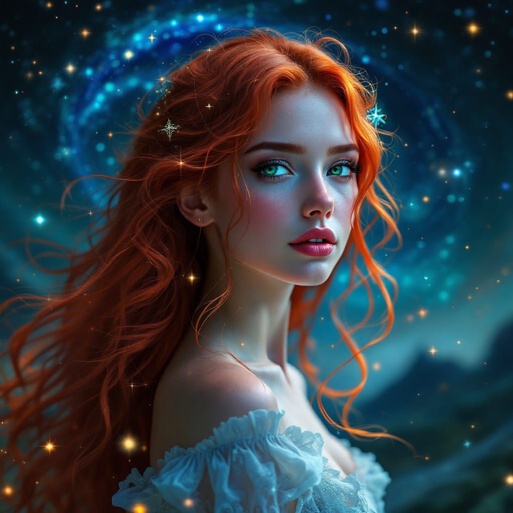 Red-Haired Woman in Emerald Palace, Digital Art