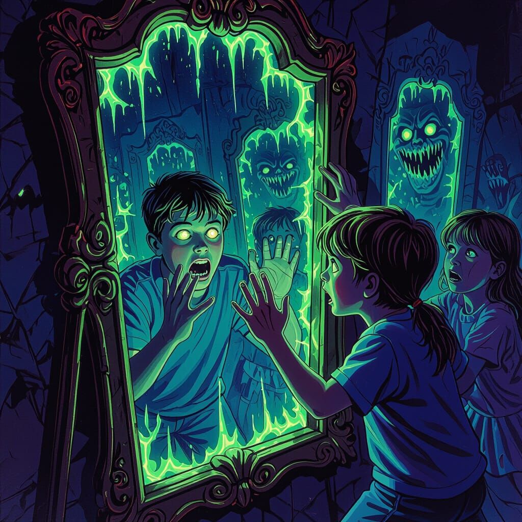 1990s Horror Book Cover: Trapped in a Haunted Mirror Maze