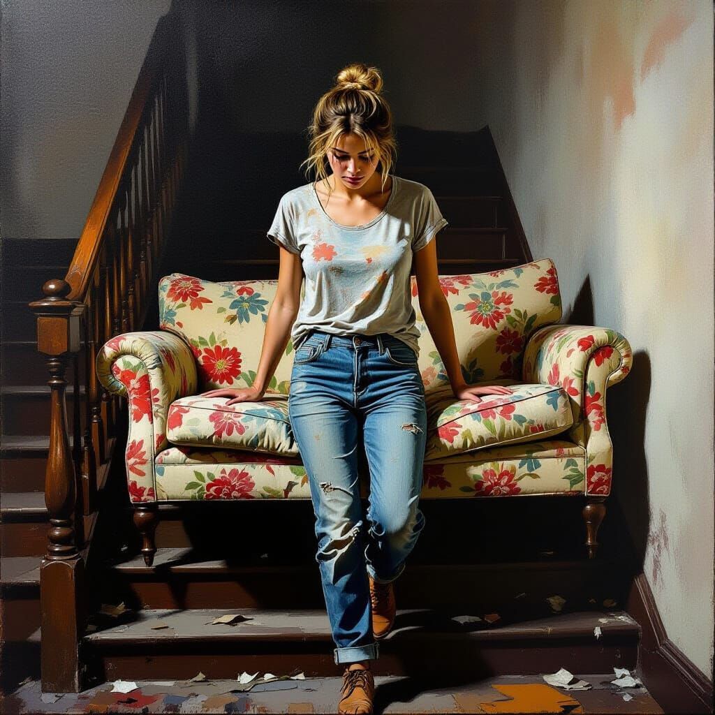 Figurative Woman Moving Damaged Sofa
