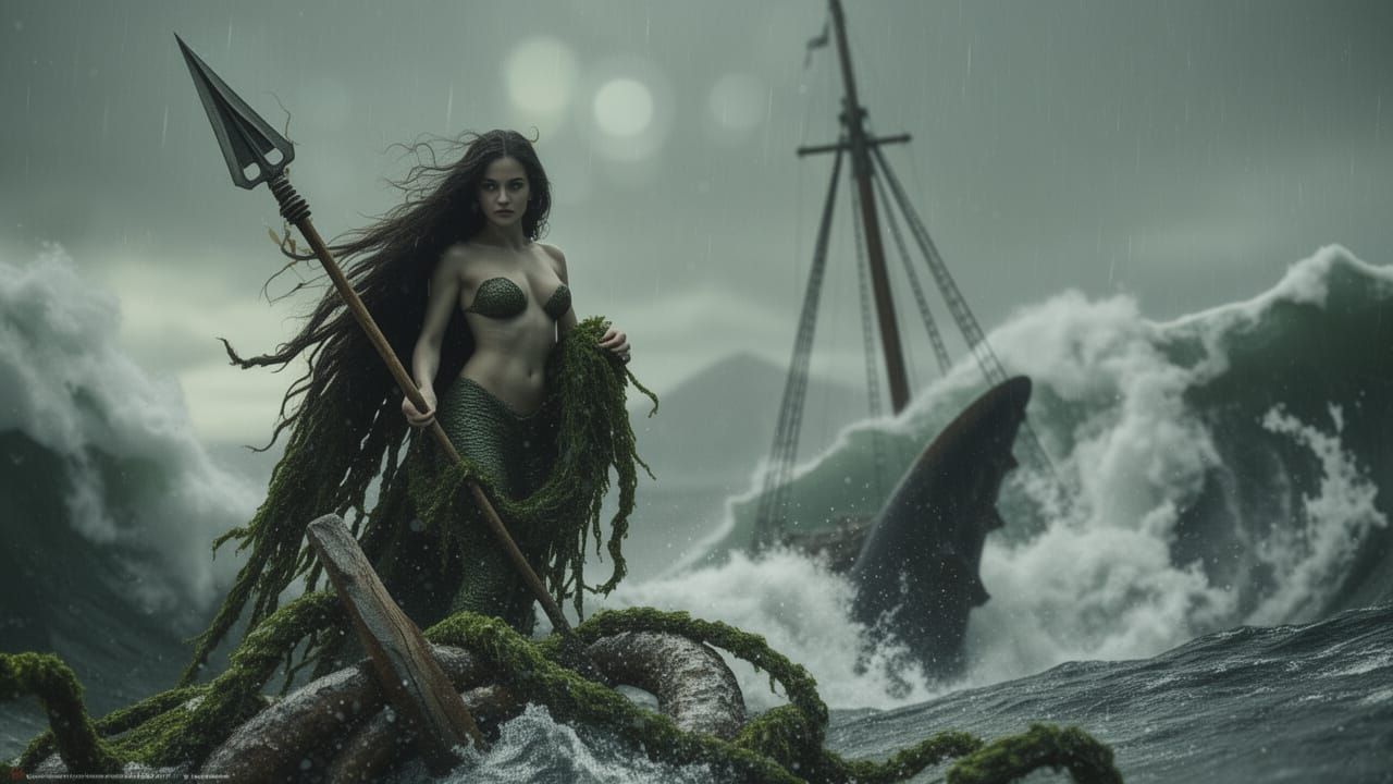 Majestic Mermaid Braving Stormy Seas in Gloom