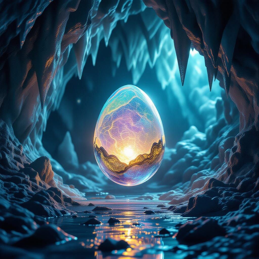 Ethereal Egg in a Crystal Cave: Glowing, Iridescent Beauty