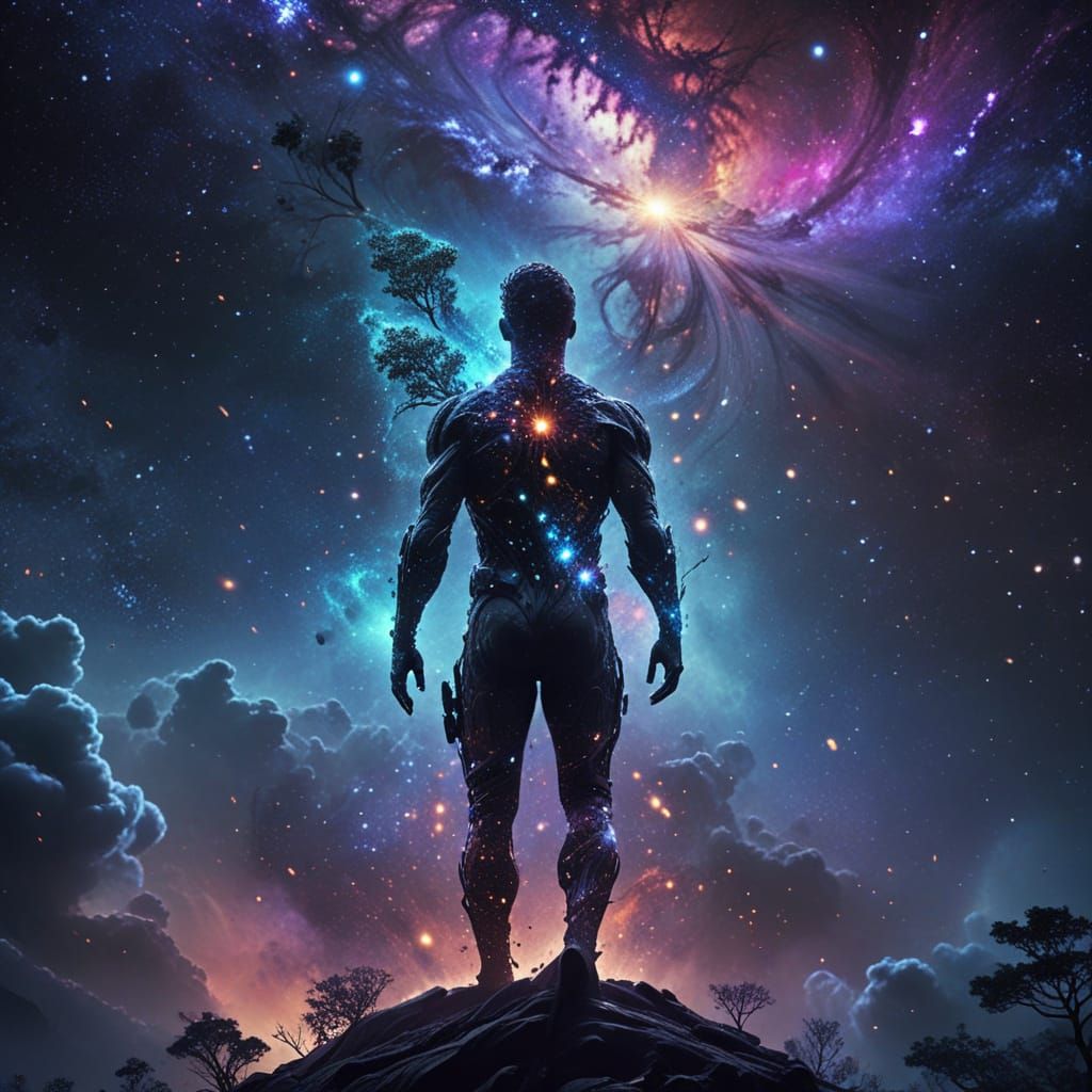 Galactic Masterpiece: Silhouetted Figure Among Celestial Swi...