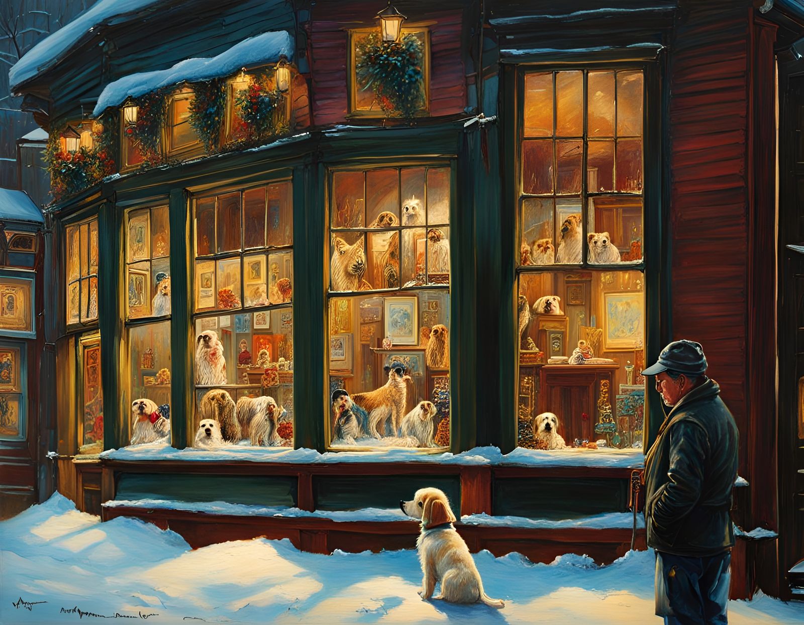 Puppy Gazing into Pet Shop Window: Oil Painting