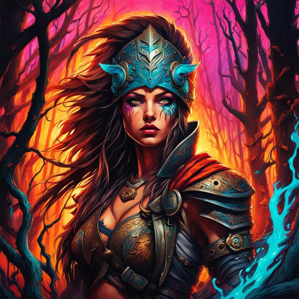 Female Warrior in Dead Forest: Graffiti Art Style