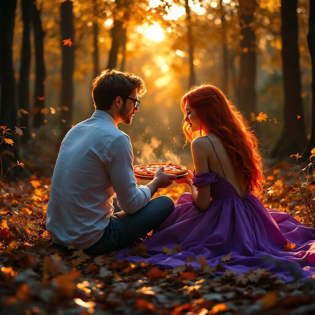 Autumn Forest Pizza Picnic in Fantasy Art Style