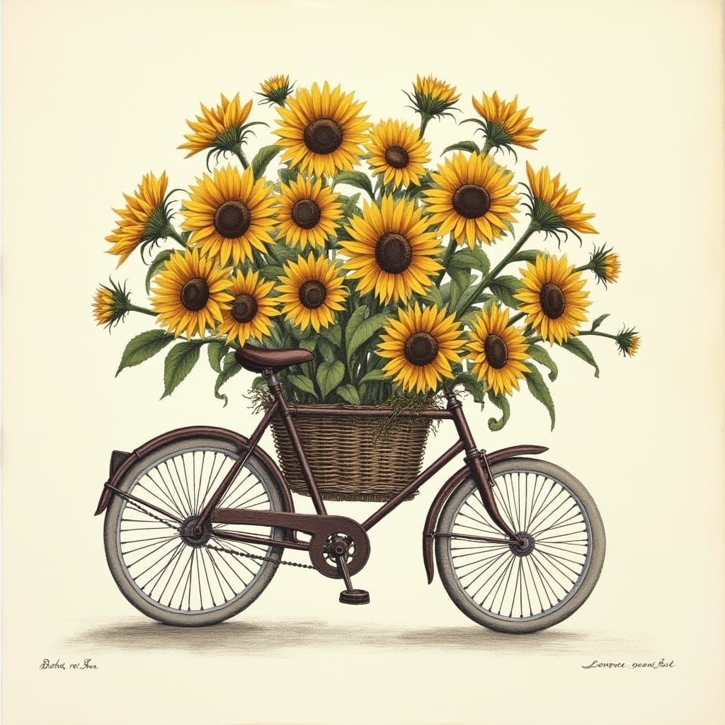 Vibrant Sunflowers in a Bicycle Basket Botanical Etching