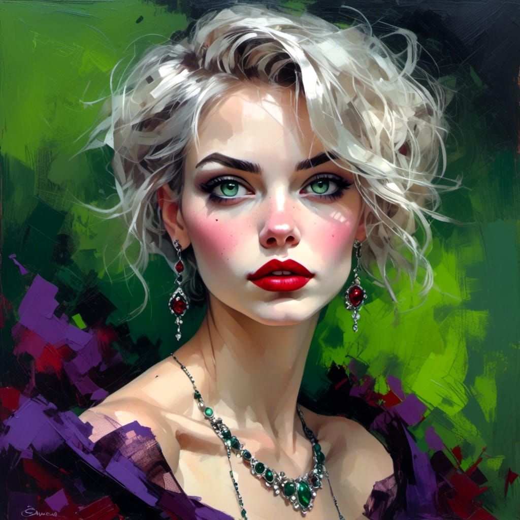 Platinum Blonde in Purple Dress: Painted Art