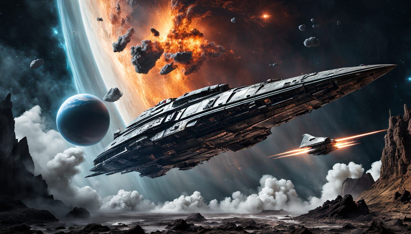 Spaceship's Perilous Journey Through Nebula Meteor Storm