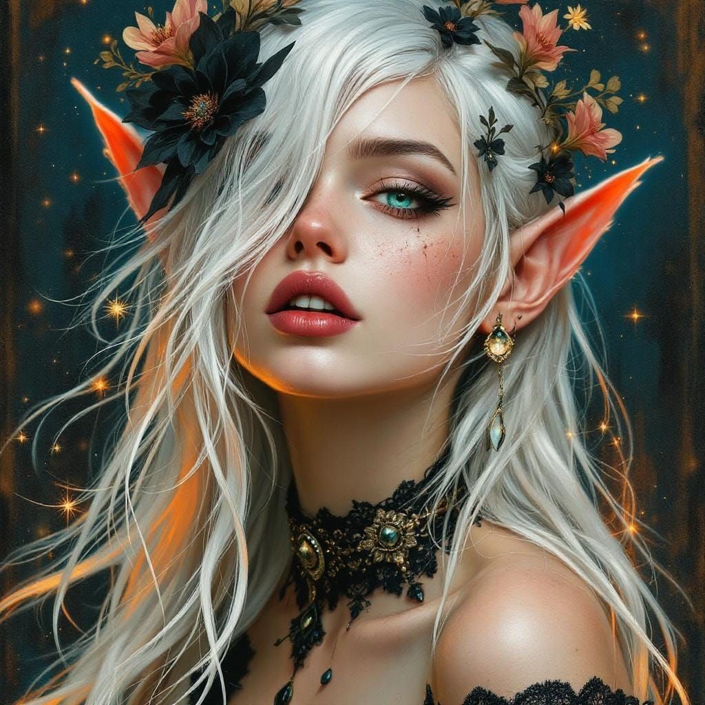 Ethereal goth punk elven girl portrait, 3/4 profile close-up, flowing platinum white hair with silver highlights and wis...