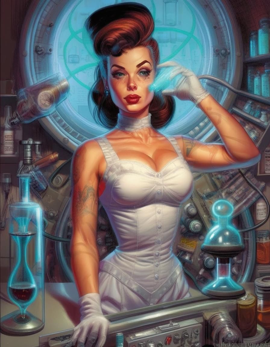 Pin-up girl in her laboratory making meth oil painting by James Gurney Mark Brooks and Dan Mumford, comic book art, perf...