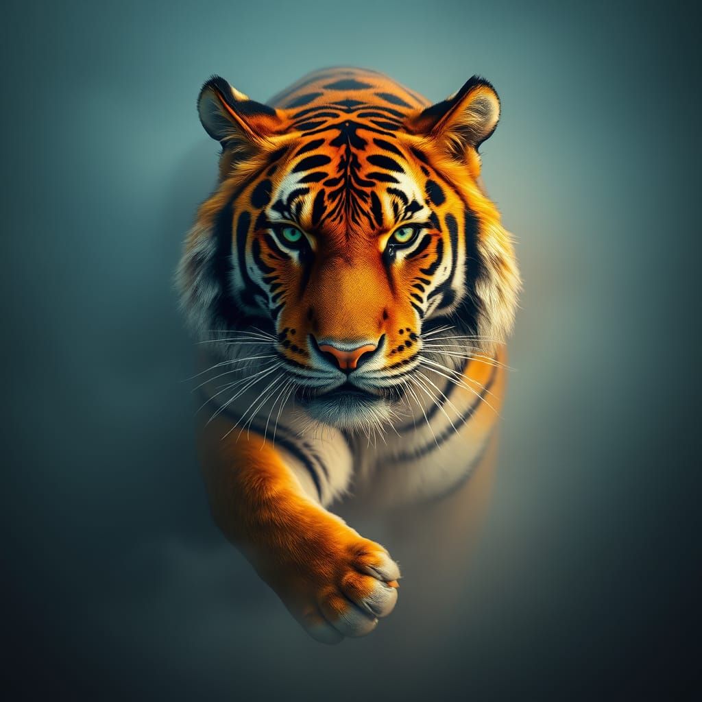 Tiger Emerges from Mystical Fog in Dreamlike Artistic Style