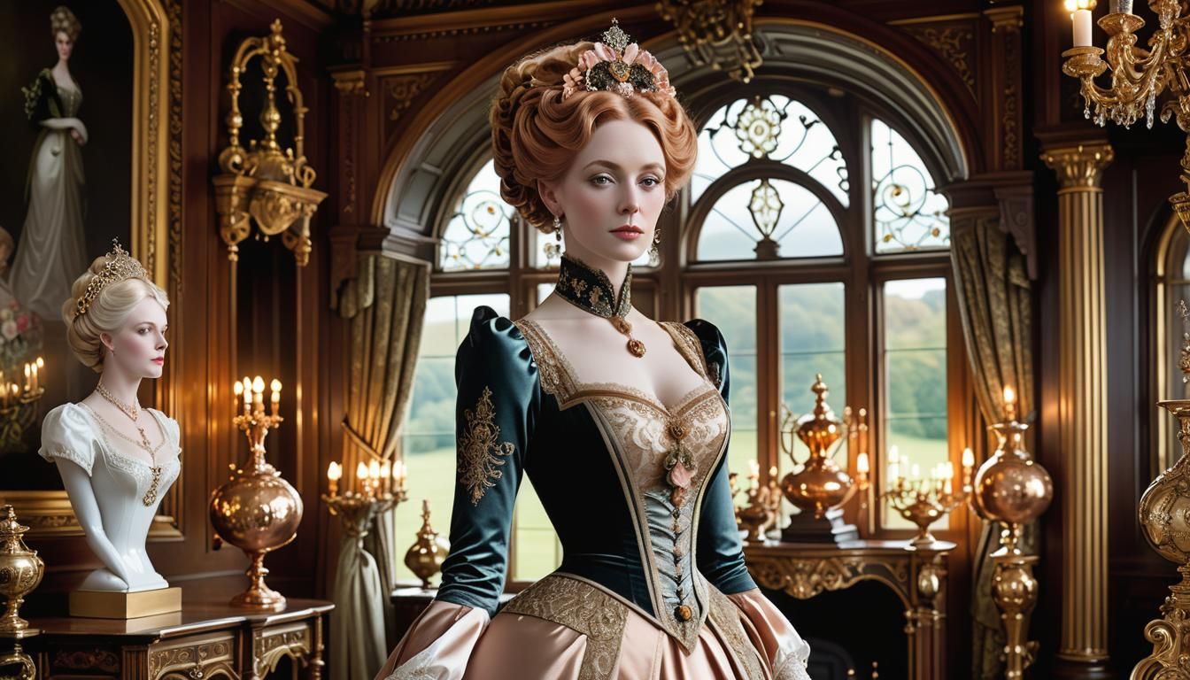 Victorian Android Governess with Daughters, Art Nouveau Styl...