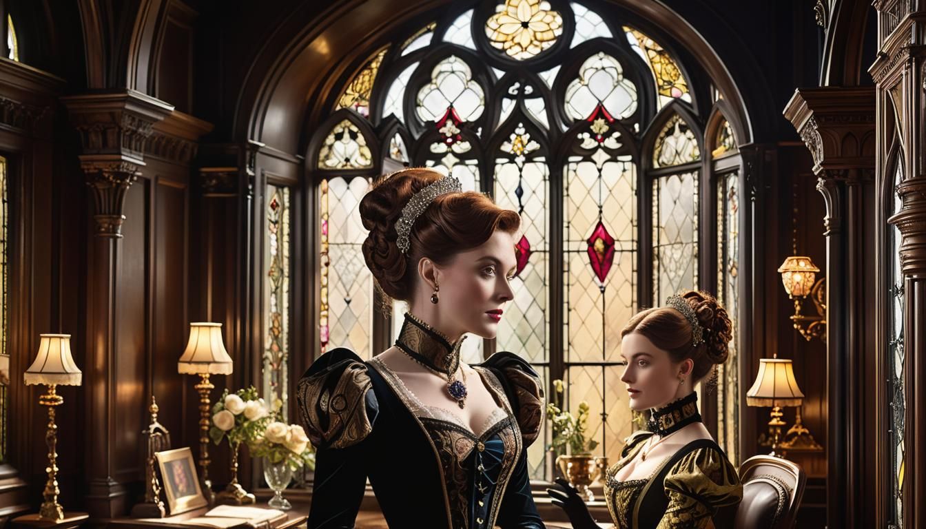 Android Governess in Victorian Parlor, Art Nouveau Style