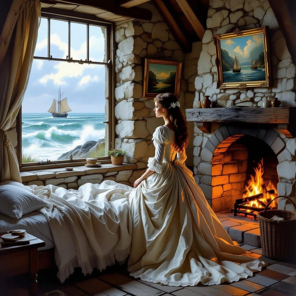 Woman Gazes at Sea from Rustic Cottage Window