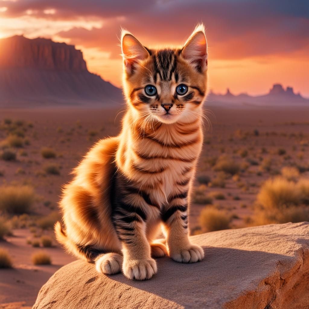 Grumpy Kitten at Sunset in Desert Landscape