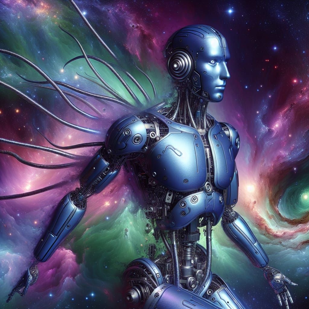 Futuristic Metallic Figure Navigating Cosmic Galaxy