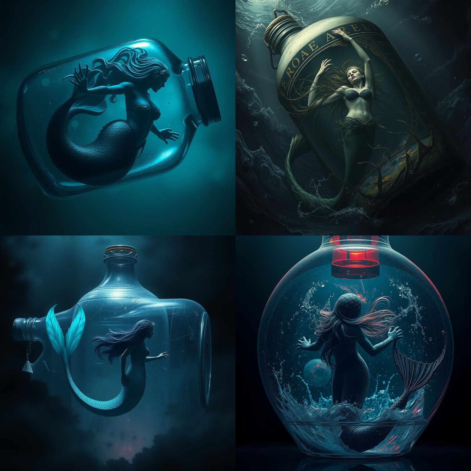 Trapped Mermaid in a Bottle: Dark Fantasy Art