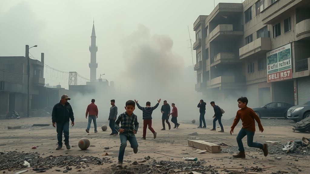 A war torn place with young people playing in a smoked fille...