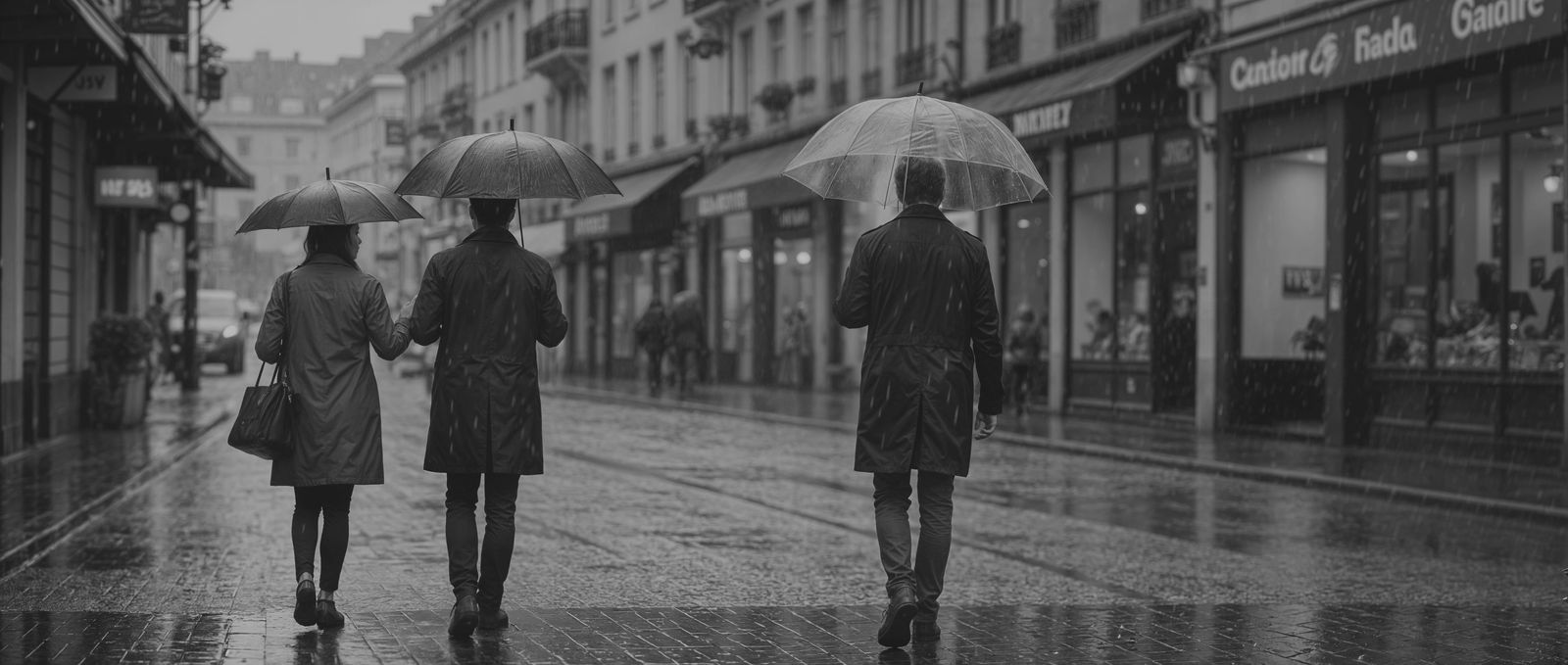 Romantic Couple Walks in Rainy City Street