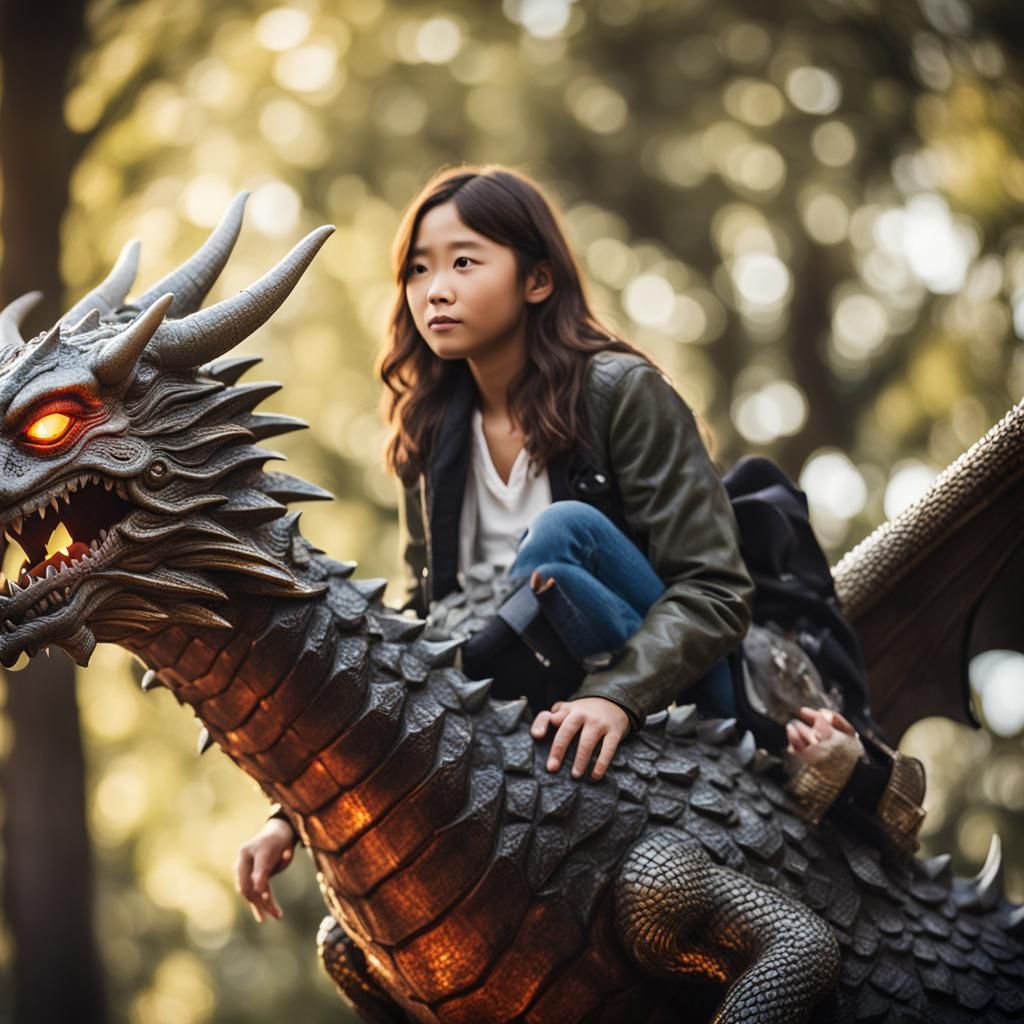 Woman Rides Dragon in Professional Photo Style
