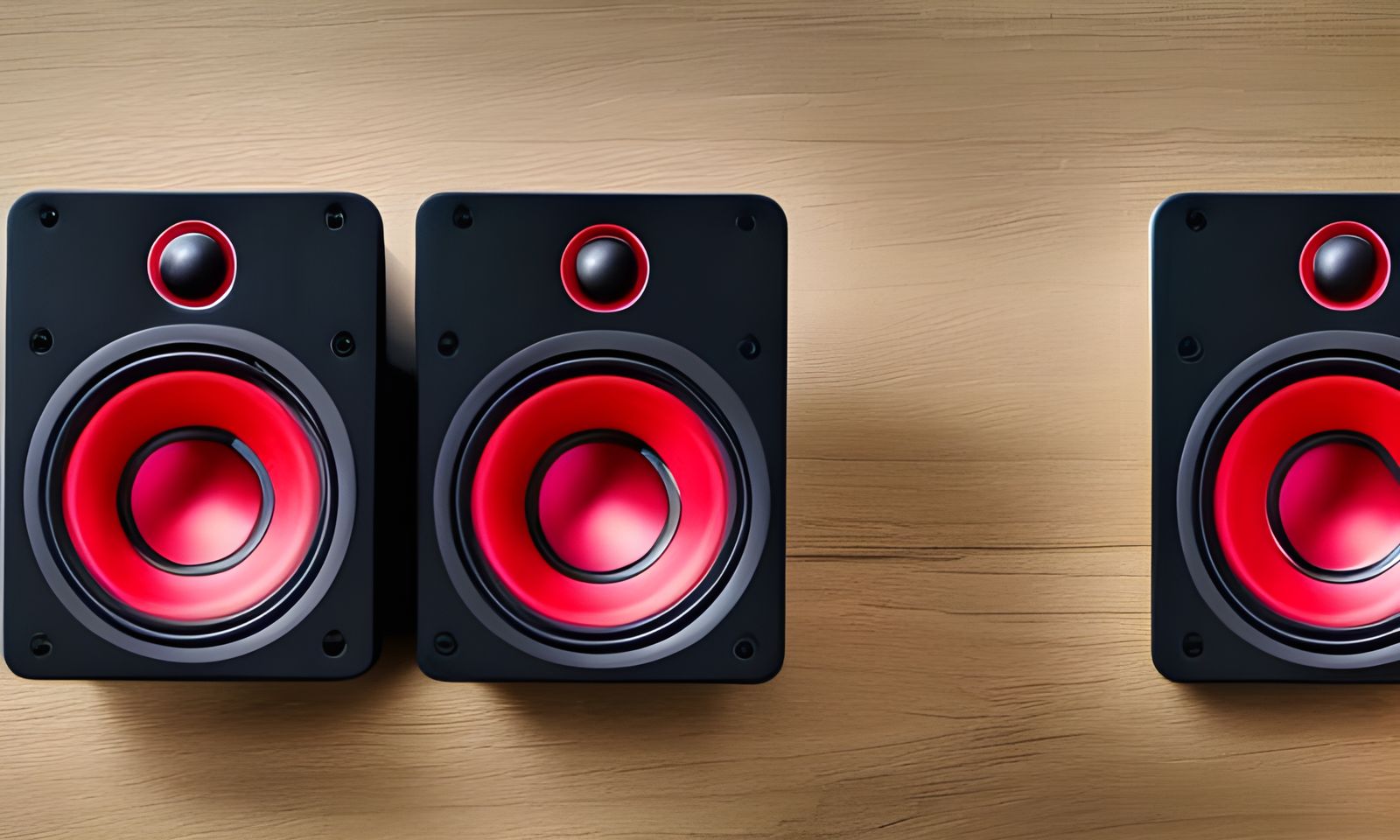 identical black-and-red audio speakers for a concert, plain background