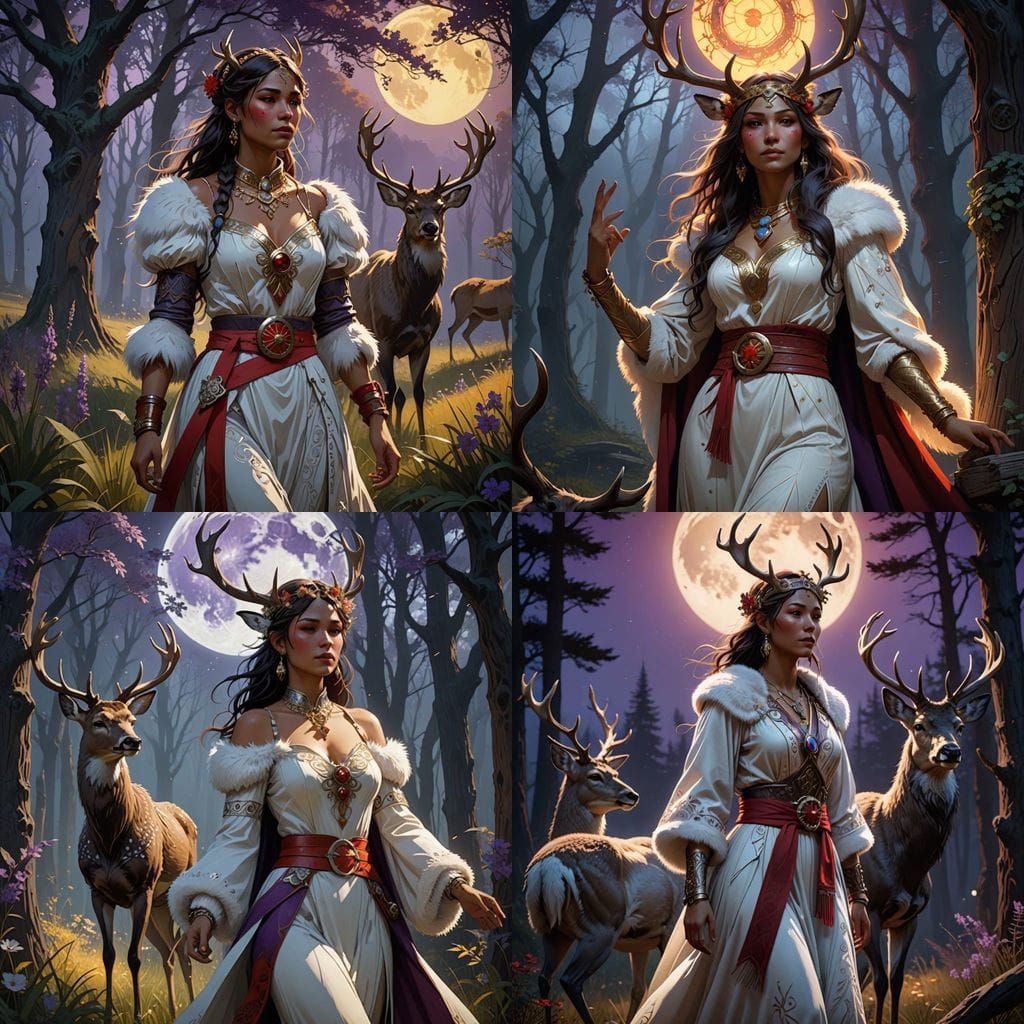 Indigenous Woman with Deer Spirits in Dark Fantasy Style