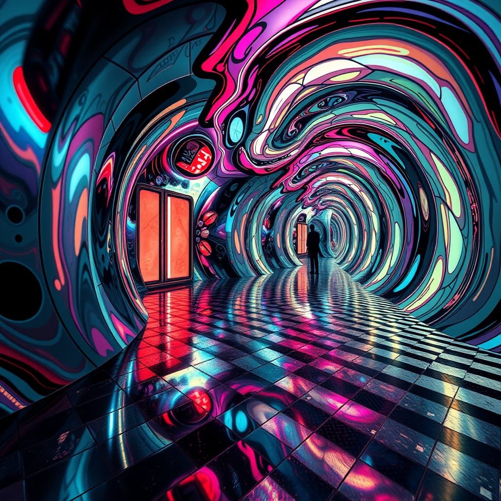 Surreal Dreamscape of Swirling Illusions in Neon Futurism