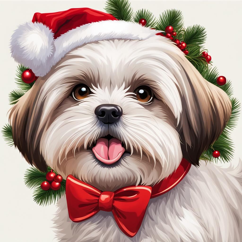 Festive Shih-Tzu Puppy Portrait with Santa Hat