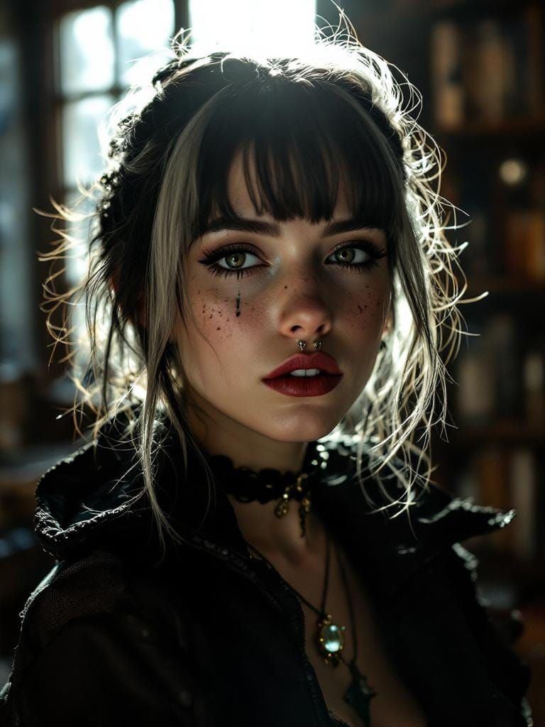 Mysterious Diviner in Occult Bookstore Portrait