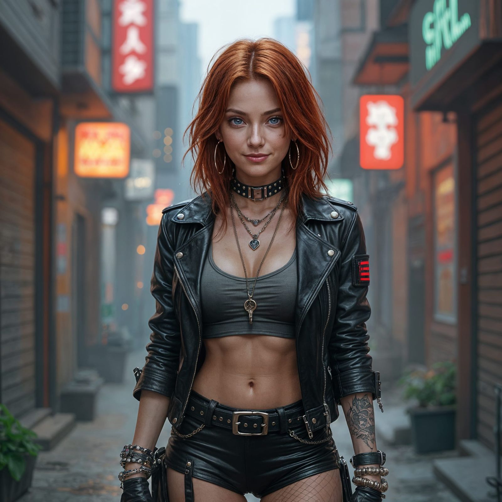 Cyberpunk Woman with Red Hair in Alley