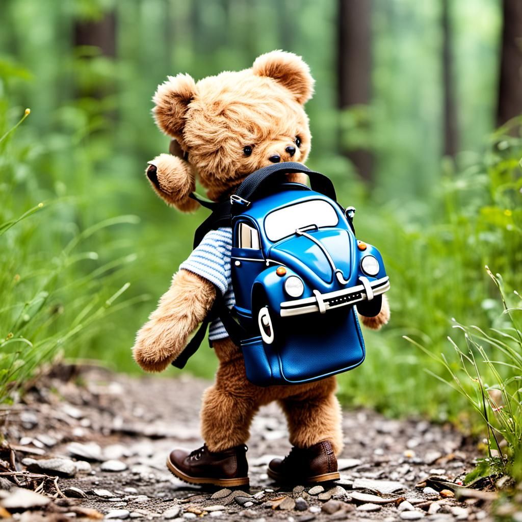 Adventurous Teddy Bear Exploring Outdoors with Toy Car