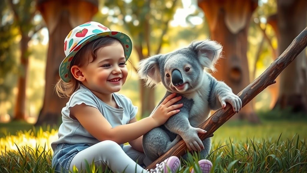 A Girl's Tender Moment with a Koala in a Lush Green Environm...