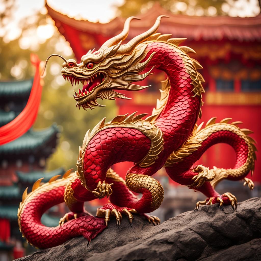 Majestic Red and Gold Chinese Dragon Photography